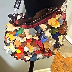 New Multi-Colored Genuine Leather Petal Hobo Bag, Handles, Long Strap, Zip Closu